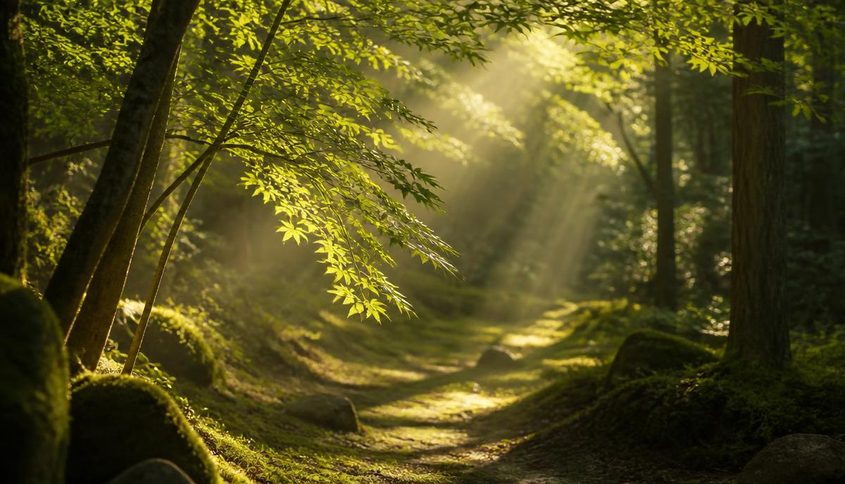 Luz del sol filtrándose entre hojas de árboles en un bosque, representando el concepto de komorebi