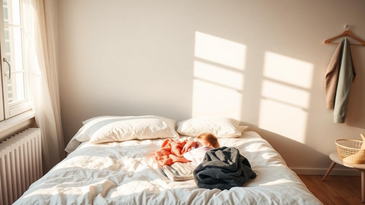 Rincón de dormitorio con ropa doblada sobre la cama y luz suave de mañana, ilustrando una rutina de orden de 5 minutos
